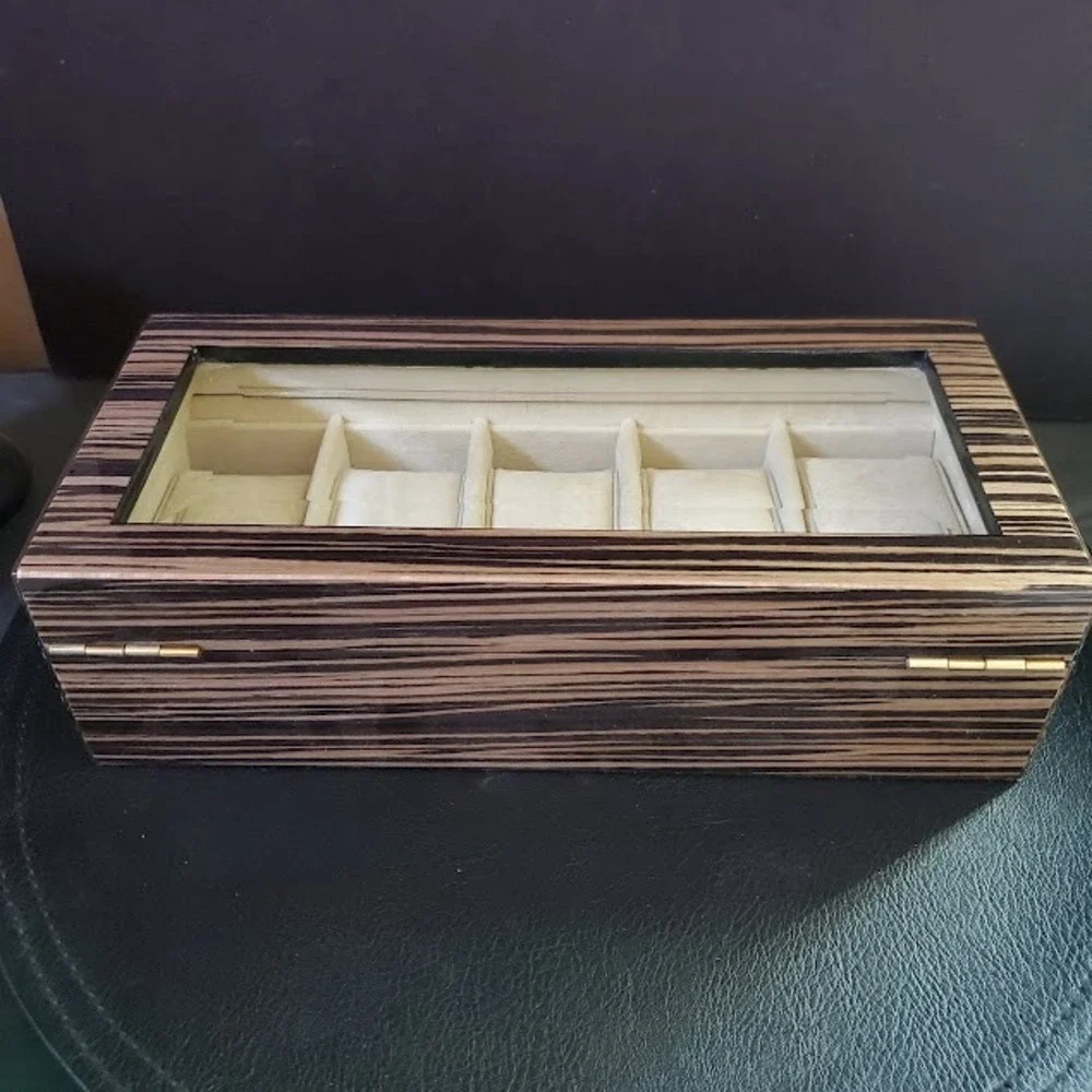 Zebrawood 5 Slot Watch Display Case Glass Top with Tassel Key Lock Organizer